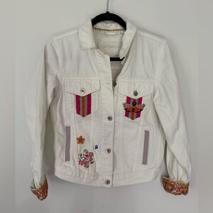 Collusion Denim Jacket Womens White Jean Embroidered Colorful OOAK Size 6